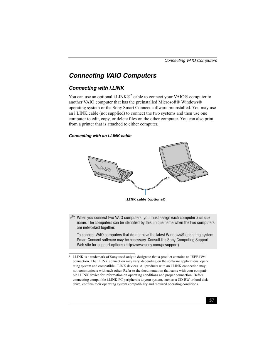 Connecting vaio computers, Connecting with i.link, Connecting with an i.link cable | Sony PCG-SRX77P User Manual | Page 57 / 149