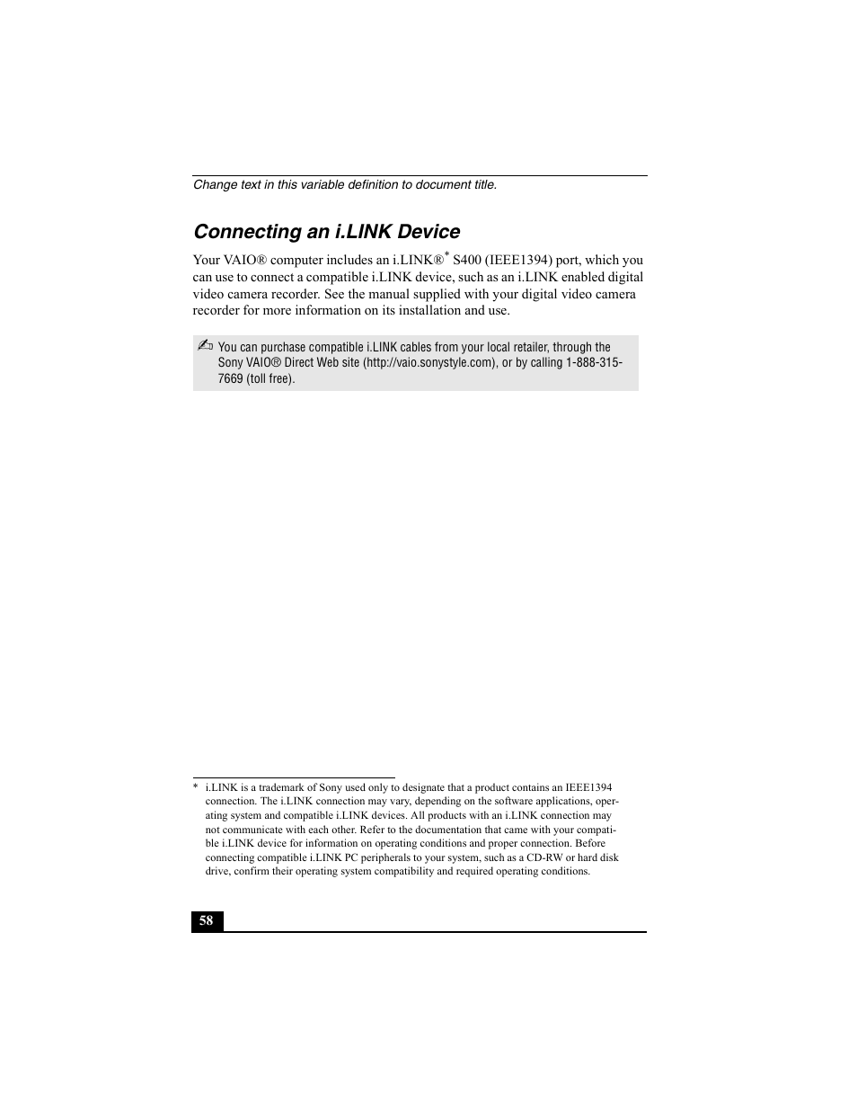 Connecting an i.link device | Sony PCG-SRX77P User Manual | Page 58 / 149