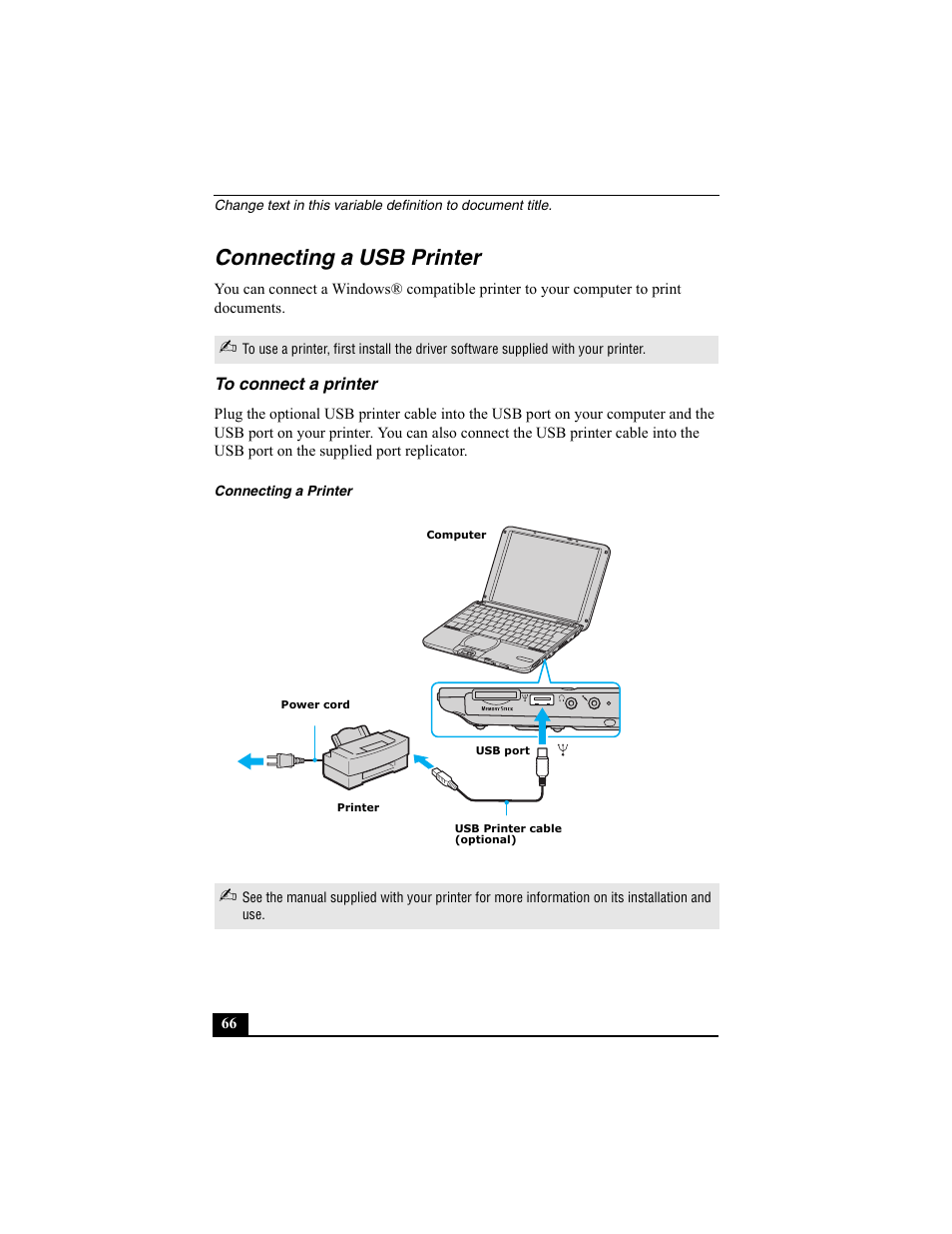 Connecting a usb printer, To connect a printer, Connecting a printer | Sony PCG-SRX77P User Manual | Page 66 / 149