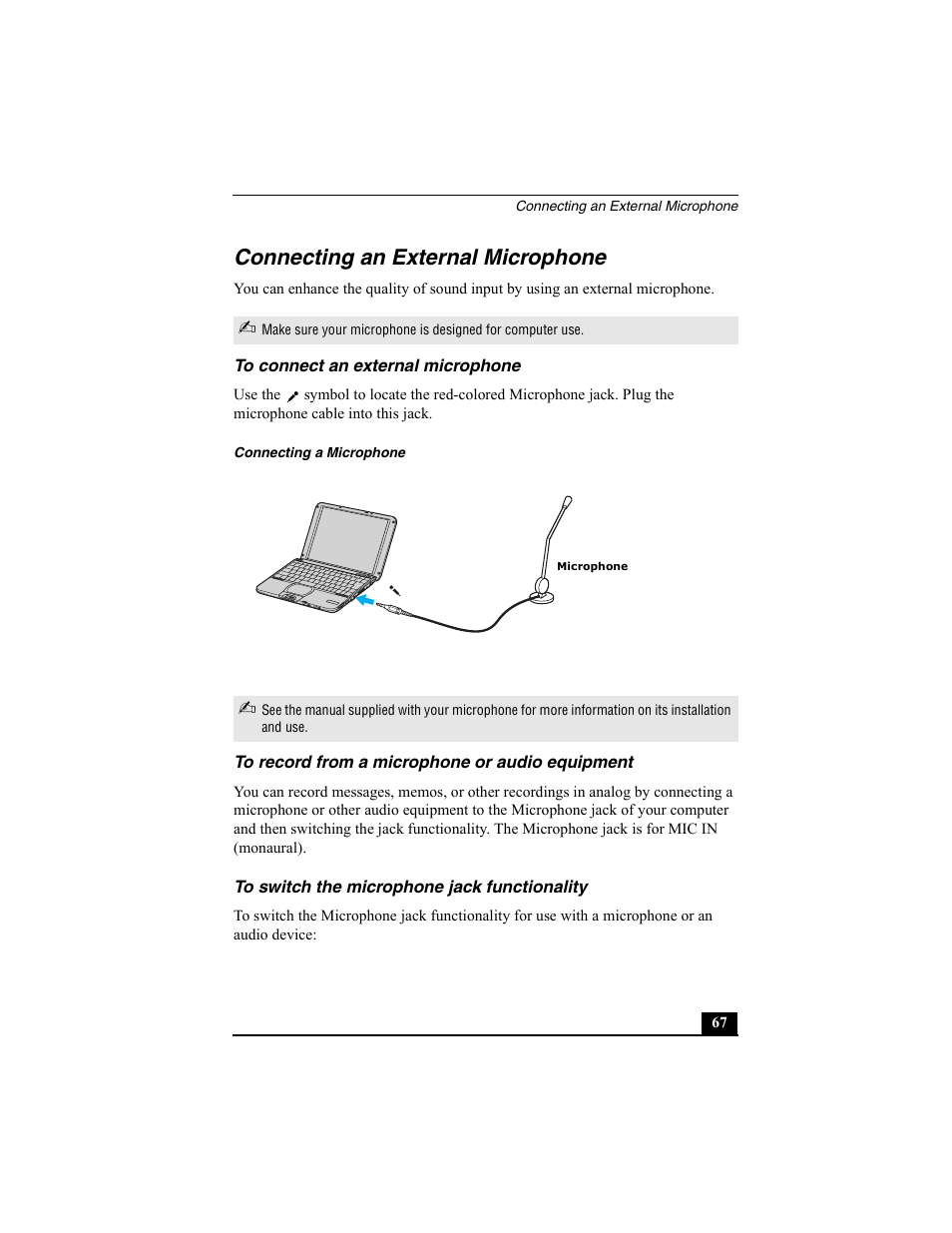 Connecting an external microphone, To connect an external microphone, Connecting a microphone | To record from a microphone or audio equipment, To switch the microphone jack functionality | Sony PCG-SRX77P User Manual | Page 67 / 149