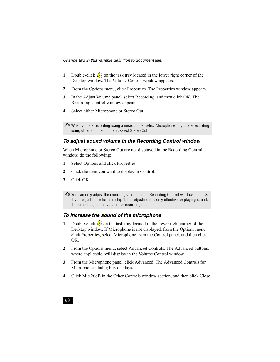 4 select either microphone or stereo out, 1 select options and click properties, 2 click the item you want to display in control | 3 click ok, To increase the sound of the microphone | Sony PCG-SRX77P User Manual | Page 68 / 149