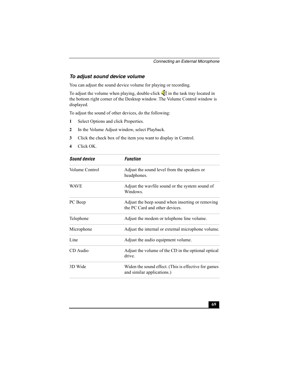 To adjust sound device volume, 1 select options and click properties, 2 in the volume adjust window, select playback | 4 click ok | Sony PCG-SRX77P User Manual | Page 69 / 149