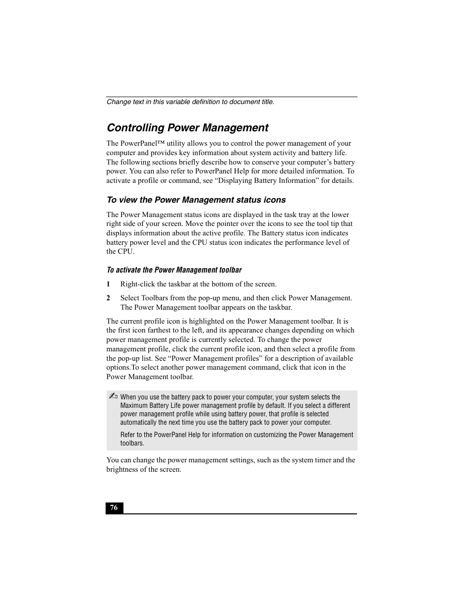 Controlling power management, To view the power management status icons, To activate the power management toolbar | Sony PCG-SRX77P User Manual | Page 76 / 149
