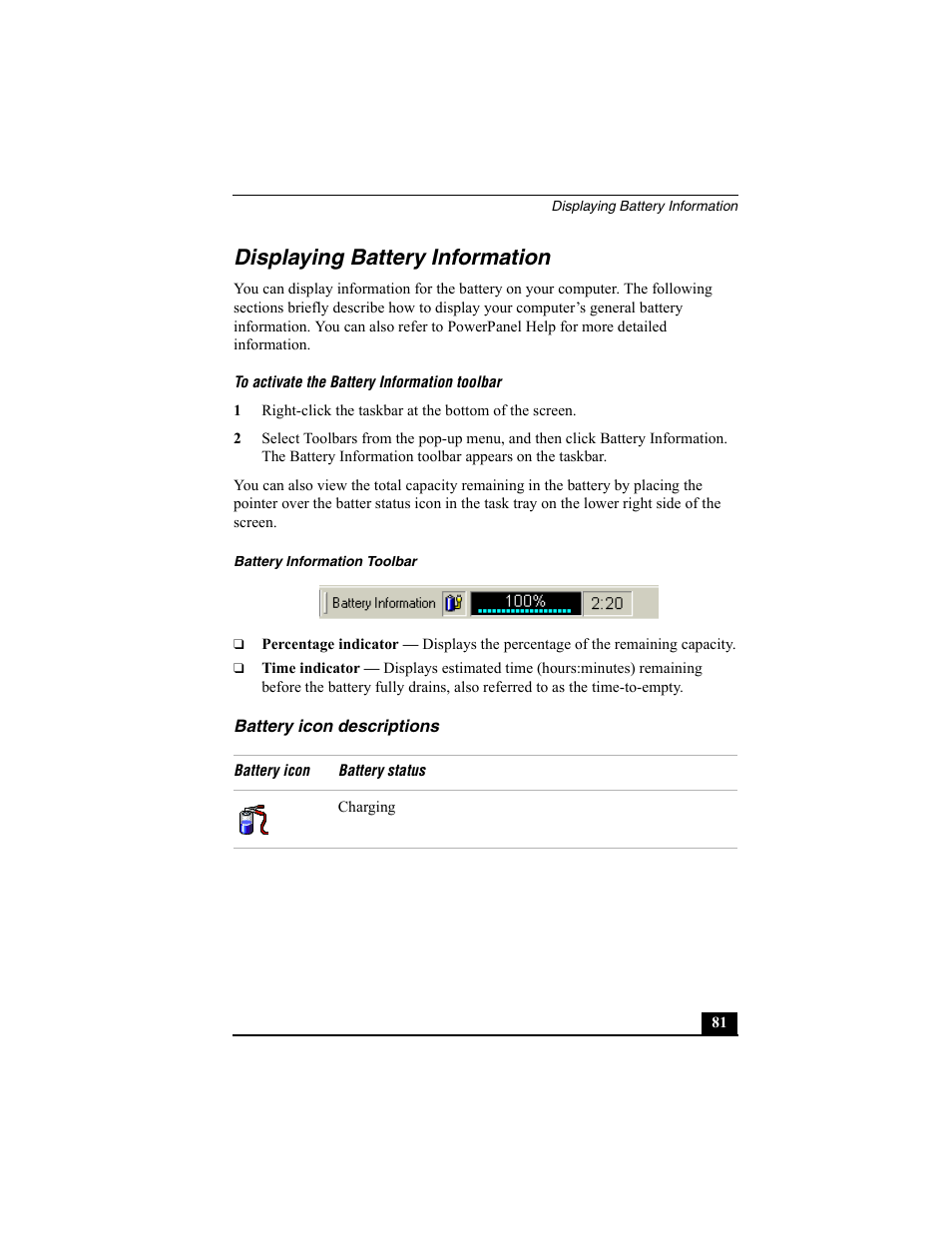 Displaying battery information, To activate the battery information toolbar, Battery information toolbar | Percentage indicator, Time indicator, Battery icon descriptions | Sony PCG-SRX77P User Manual | Page 81 / 149