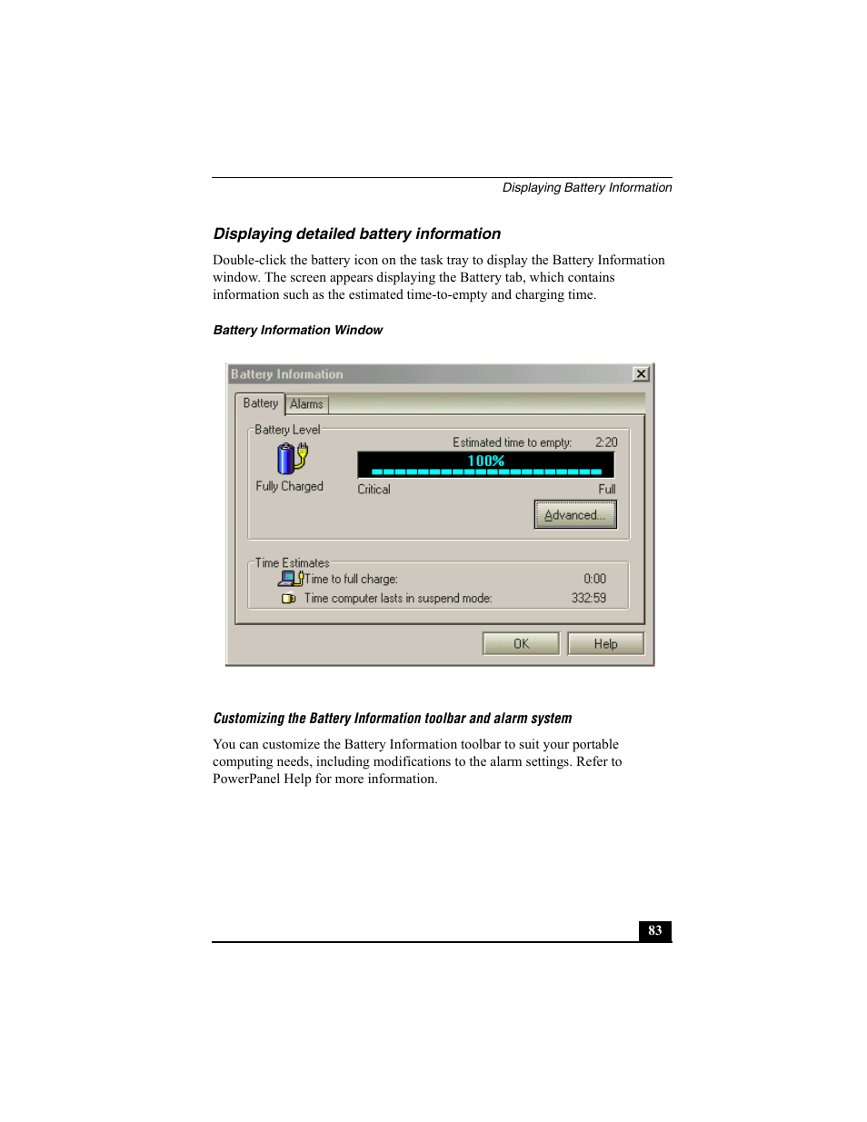 Displaying detailed battery information, Battery information window | Sony PCG-SRX77P User Manual | Page 83 / 149