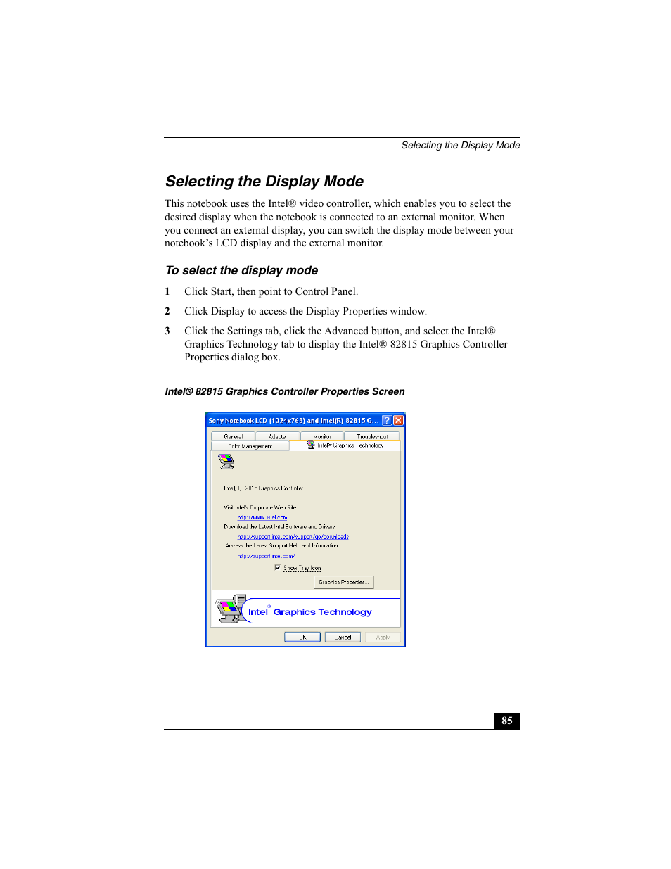 Selecting the display mode, To select the display mode, 1 click start, then point to control panel | Intel® 82815 graphics controller properties screen | Sony PCG-SRX77P User Manual | Page 85 / 149