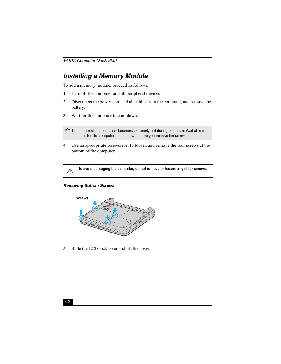 Installing a memory module, 1 turn off the computer and all peripheral devices, 3 wait for the computer to cool down | Removing bottom screws, 5 slide the lcd lock lever and lift the cover | Sony PCG-SRX77P User Manual | Page 92 / 149