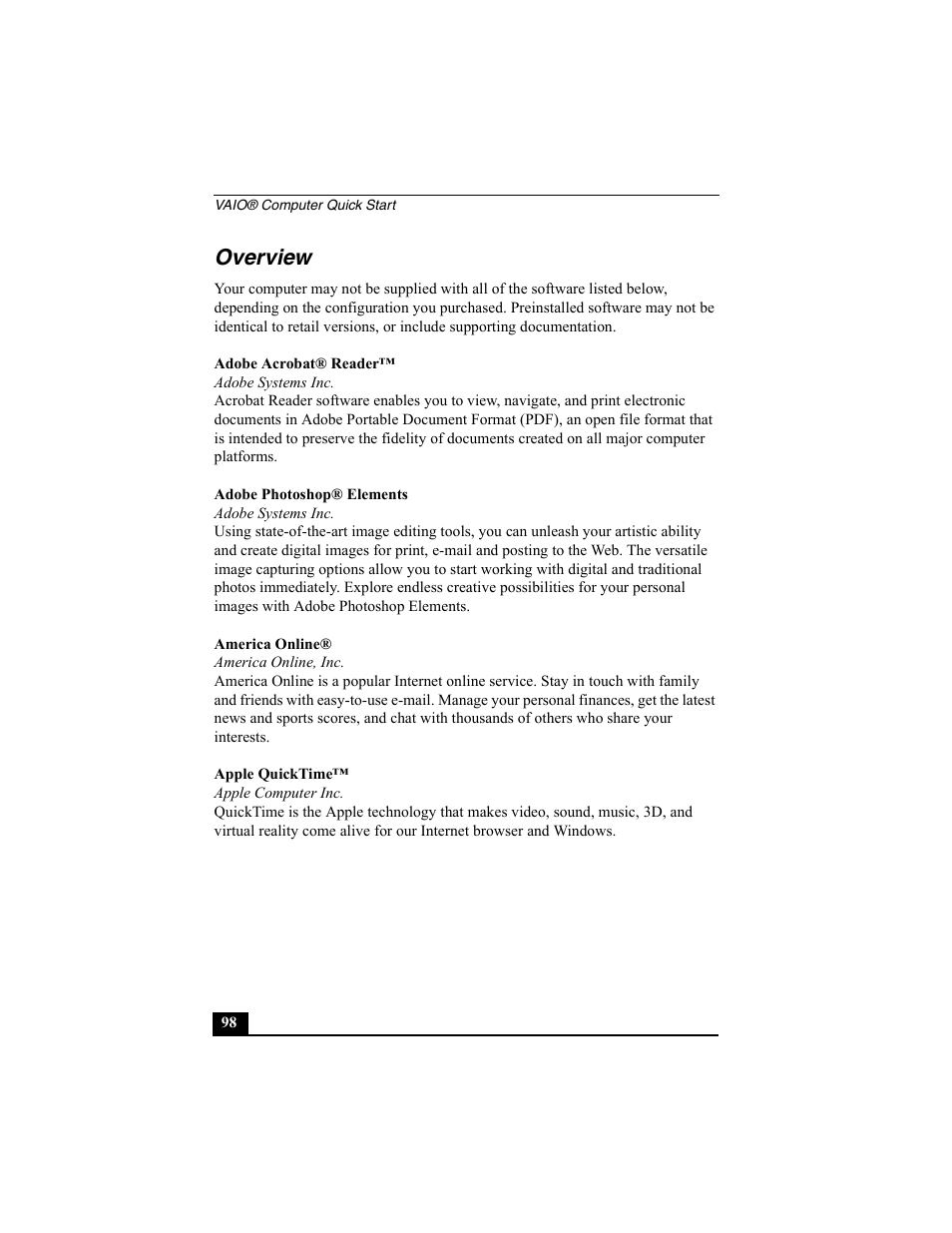 Overview, Adobe acrobat® reader, Adobe systems inc | Adobe photoshop® elements, America online, America online, inc, Apple quicktime, Apple computer inc | Sony PCG-SRX77P User Manual | Page 98 / 149