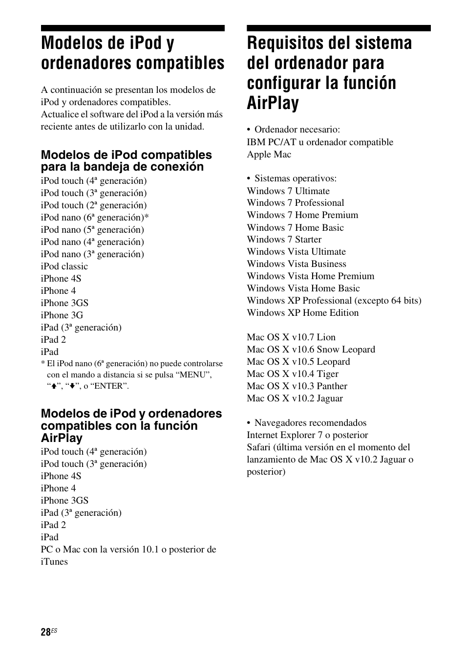 Modelos de ipod y ordenadores compatibles, Modelos de ipod y ordenadores, Compatibles | Requisitos del sistema del ordenador para, Configurar la función airplay | Sony RDP-XA900iP User Manual | Page 100 / 108