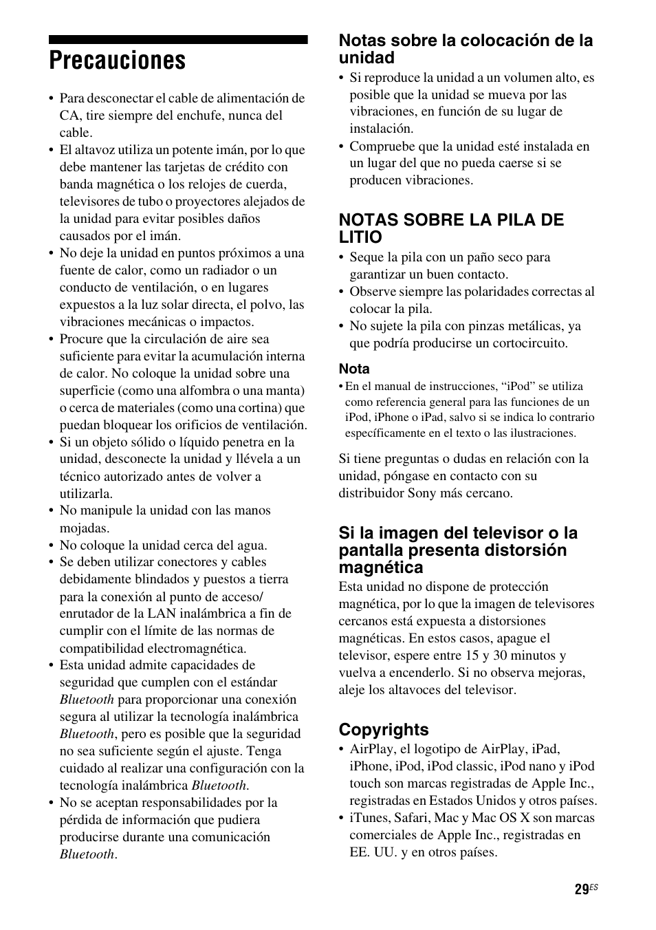 Precauciones, Notas sobre la colocación de la unidad, Notas sobre la pila de litio | Copyrights | Sony RDP-XA900iP User Manual | Page 101 / 108