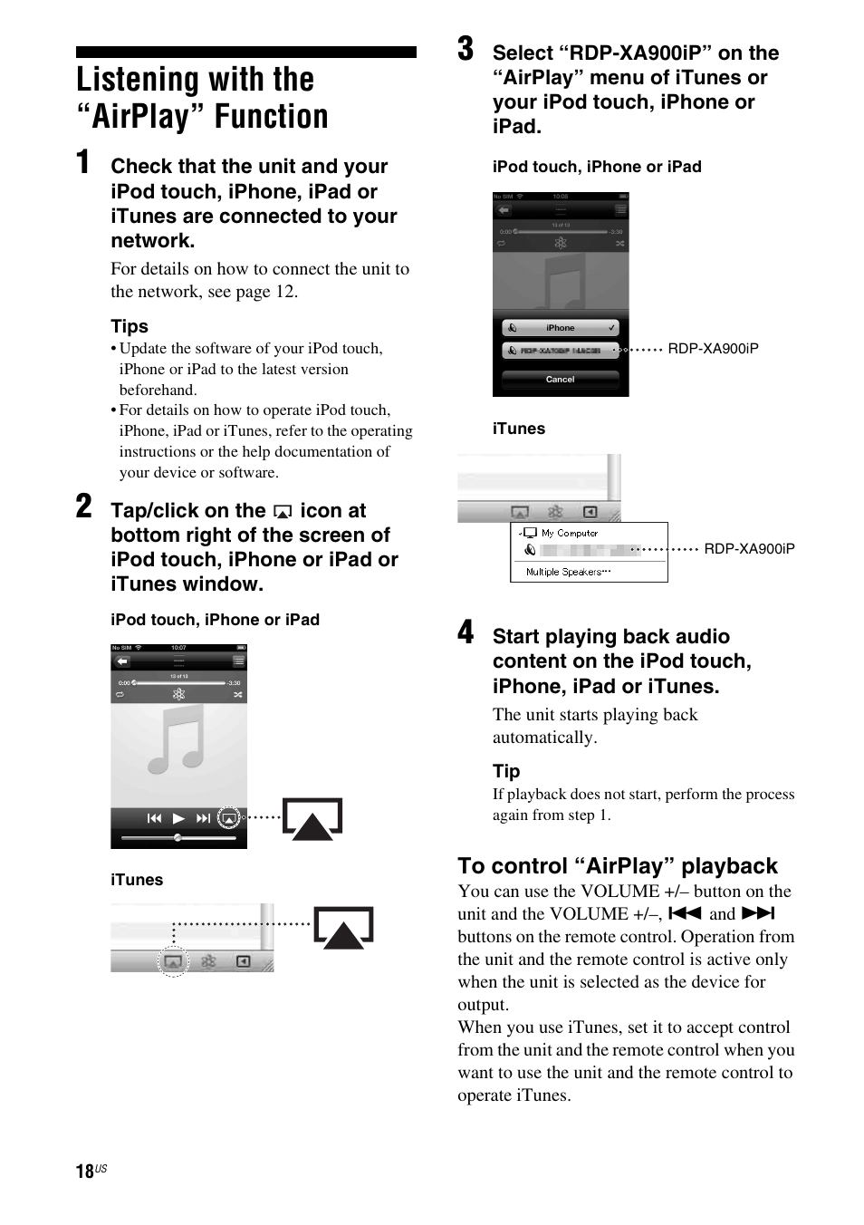 Listening with the “airplay” function, Listening with the “airplay” function 1 | Sony RDP-XA900iP User Manual | Page 22 / 108