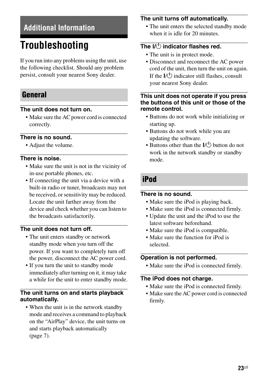 Additional information, Troubleshooting, Additional information general ipod | Sony RDP-XA900iP User Manual | Page 27 / 108