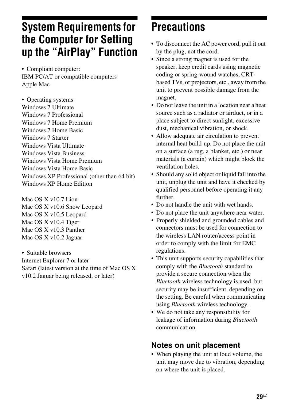 Precautions, System requirements for the computer for, Setting up the “airplay” function | Sony RDP-XA900iP User Manual | Page 33 / 108