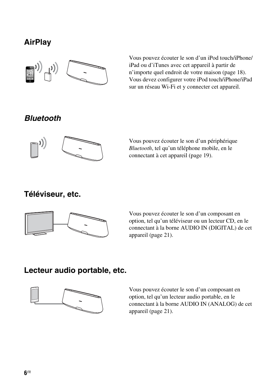 Airplay, Bluetooth, Téléviseur, etc | Lecteur audio portable, etc | Sony RDP-XA900iP User Manual | Page 44 / 108