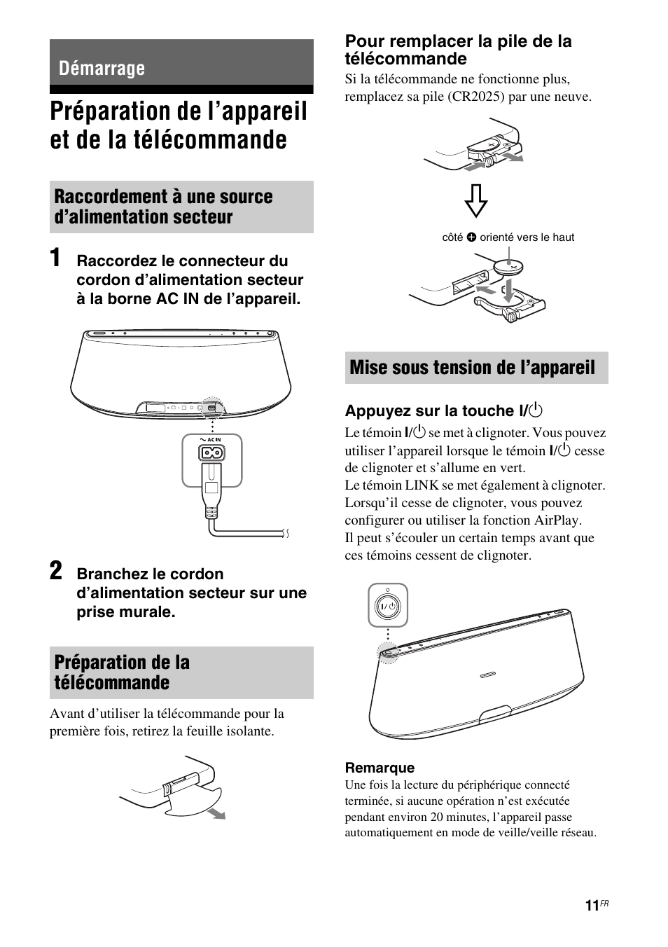 Démarrage, Préparation de l’appareil et de la télécommande, Raccordement à une source d’alimentation secteur | Préparation de la télécommande, Mise sous tension de l’appareil, Préparation de l’appareil et de la, Préparation de l’appareil et de la télécommande 1 | Sony RDP-XA900iP User Manual | Page 49 / 108