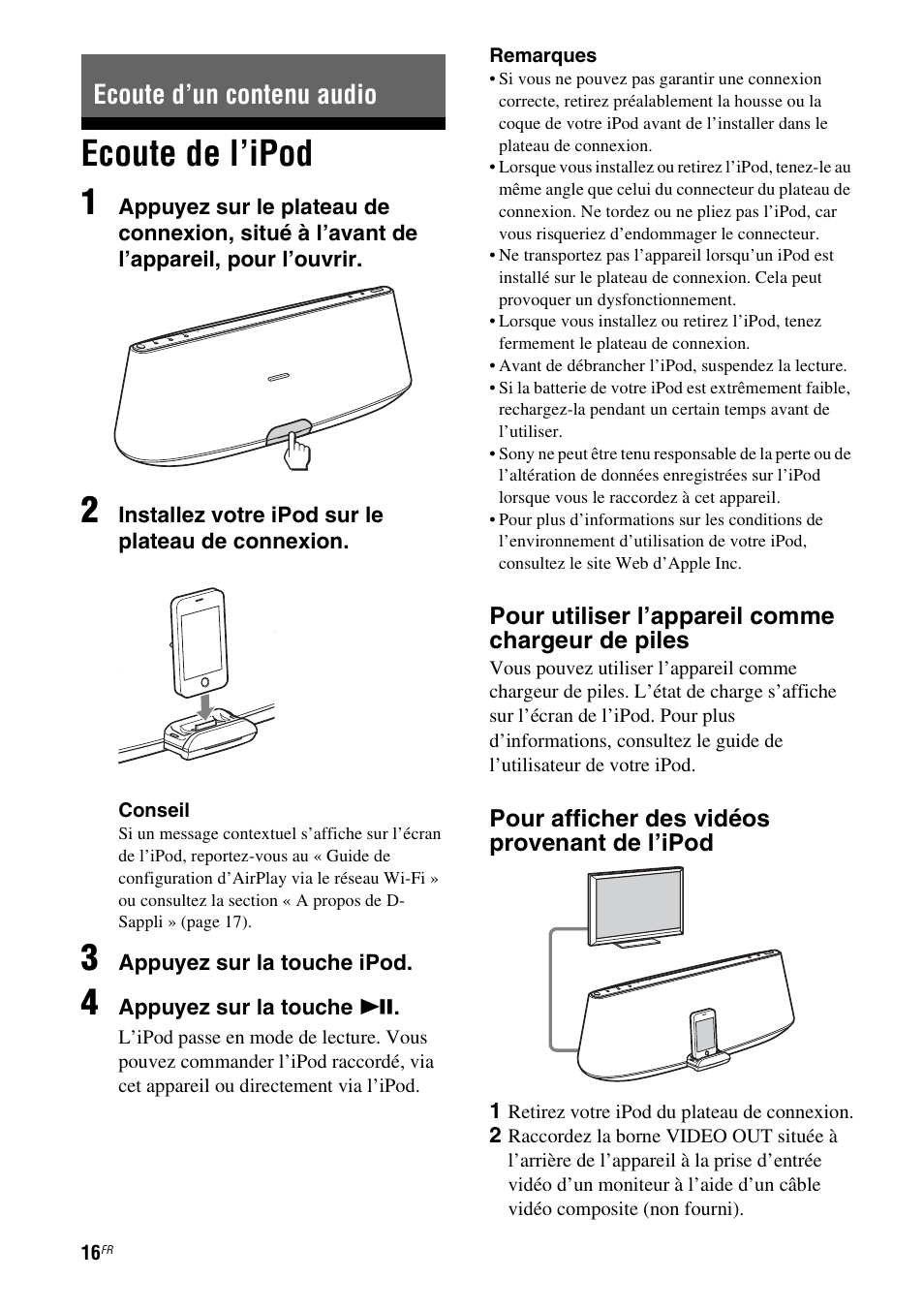 Ecoute d’un contenu audio, Ecoute de l’ipod, Ecoute de l’ipod 1 | Sony RDP-XA900iP User Manual | Page 54 / 108