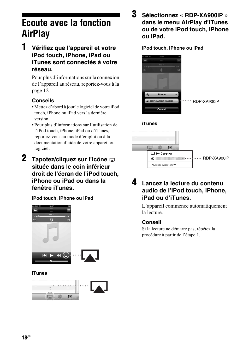 Ecoute avec la fonction airplay, Ecoute avec la fonction airplay 1 | Sony RDP-XA900iP User Manual | Page 56 / 108