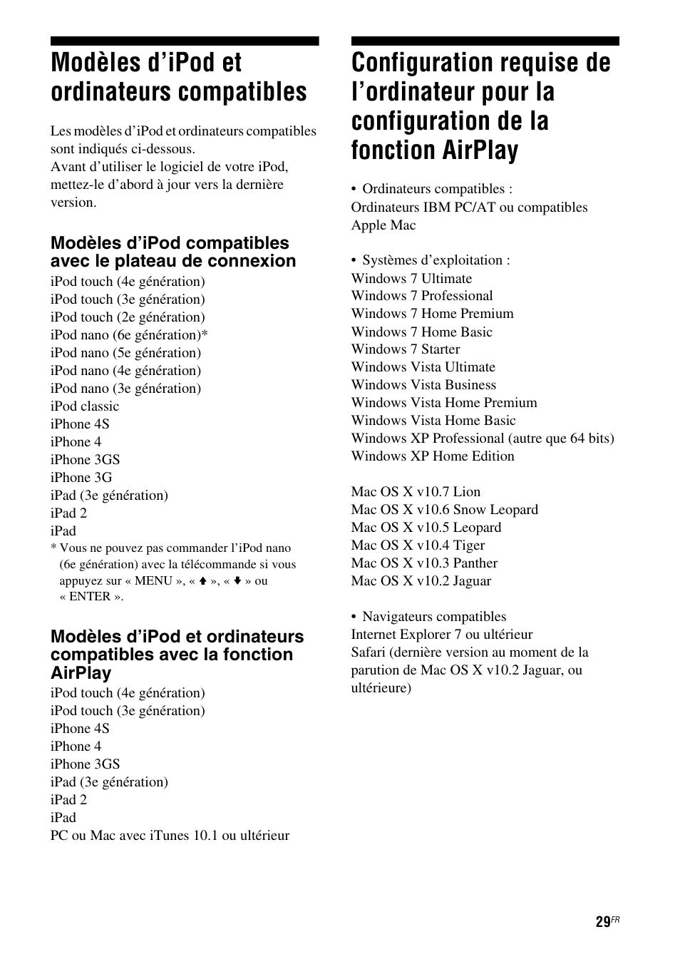 Modèles d’ipod et ordinateurs compatibles, Modèles d’ipod et ordinateurs, Compatibles | Configuration requise de l’ordinateur pour, La configuration de la fonction airplay | Sony RDP-XA900iP User Manual | Page 67 / 108