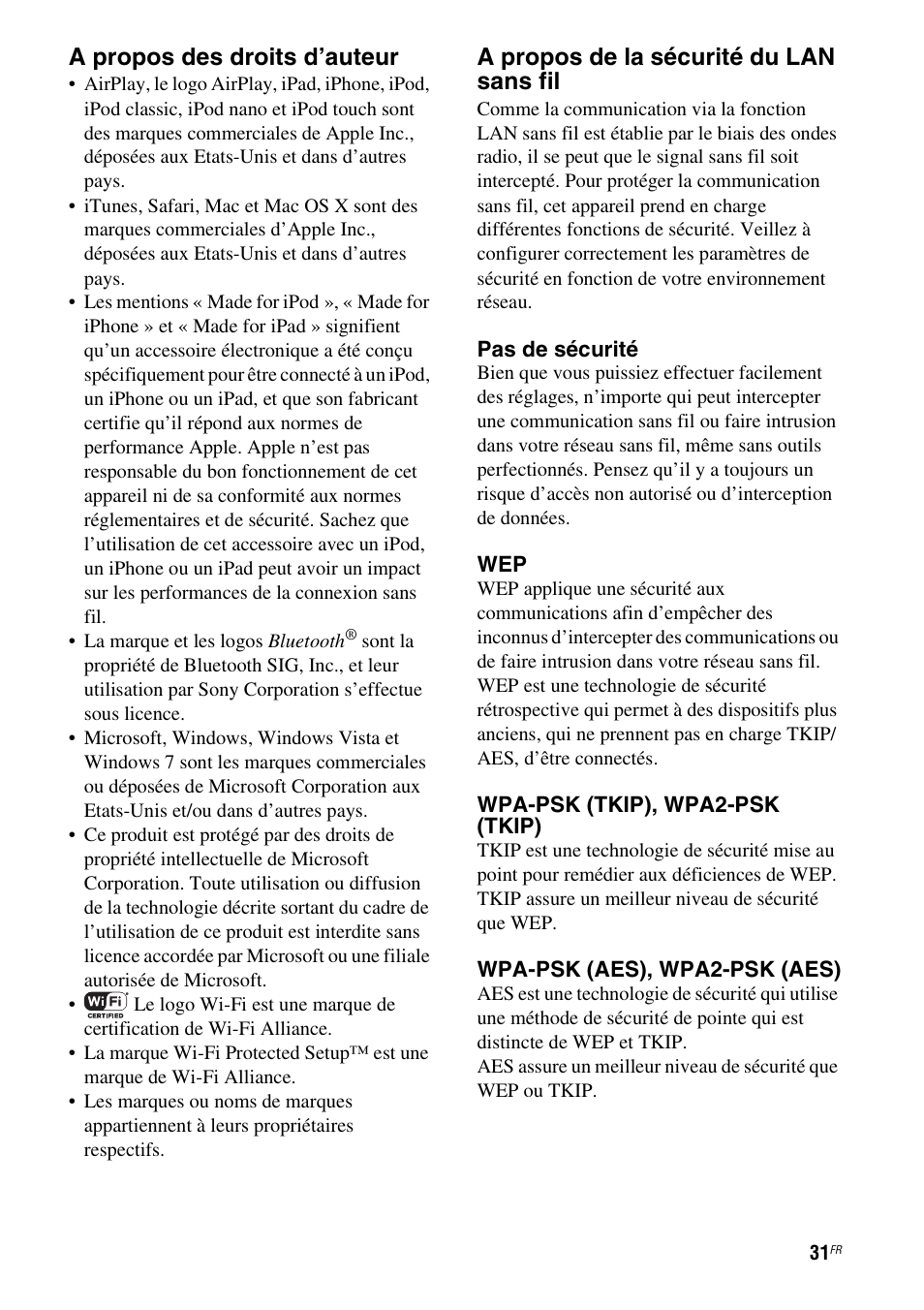 A propos des droits d’auteur, A propos de la sécurité du lan sans fil | Sony RDP-XA900iP User Manual | Page 69 / 108