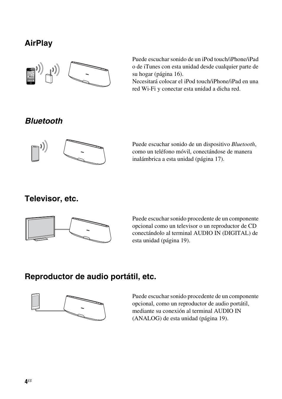 Airplay, Bluetooth, Televisor, etc | Reproductor de audio portátil, etc | Sony RDP-XA900iP User Manual | Page 76 / 108