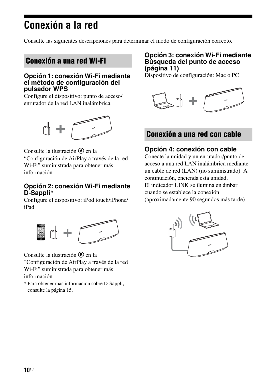Conexión a la red, Conexión a una red wi-fi, Conexión a una red con cable | Sony RDP-XA900iP User Manual | Page 82 / 108