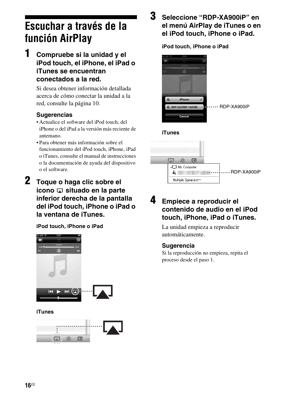Escuchar a través de la función airplay, Escuchar a través de la función airplay 1 | Sony RDP-XA900iP User Manual | Page 88 / 108