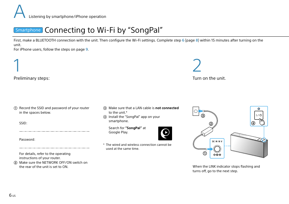 Connecting to wi-fi by “songpal | Sony SRS-X7 User Manual | Page 6 / 68