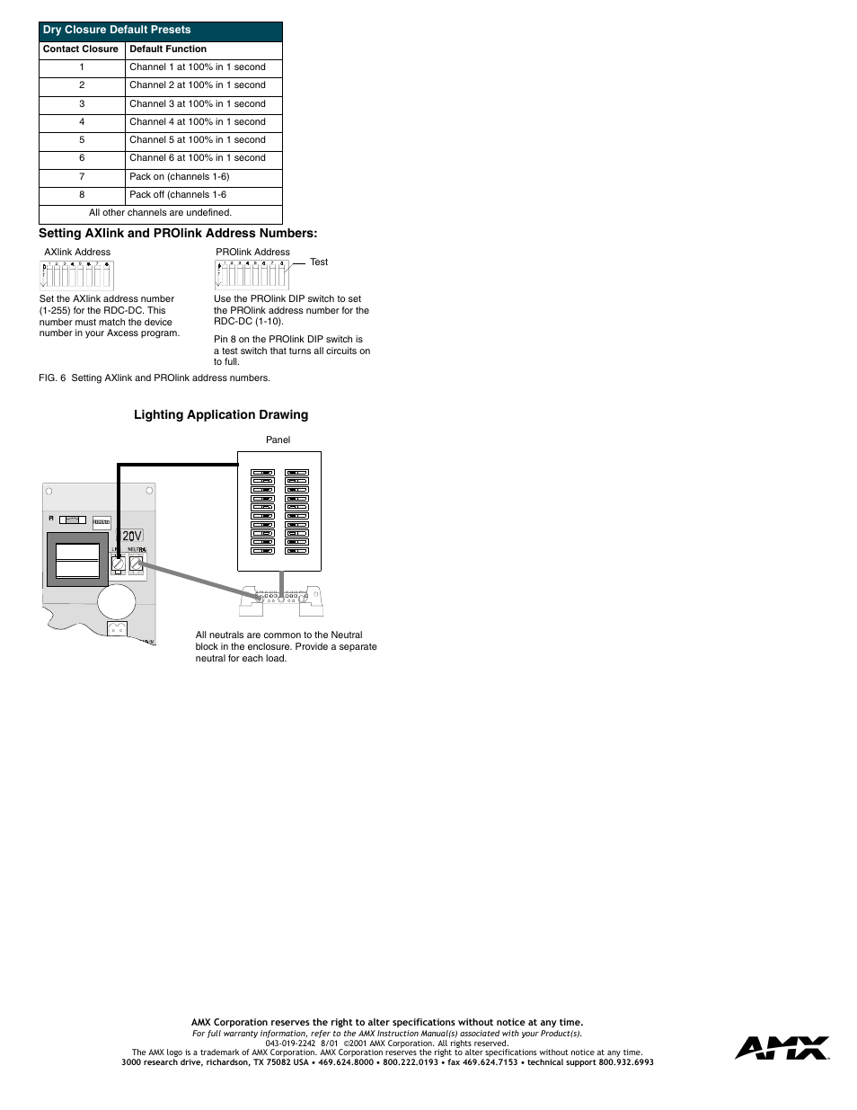 Setting axlink and prolink address numbers, Lighting application drawing | AMX Control Card RDC-DC User Manual | Page 2 / 2