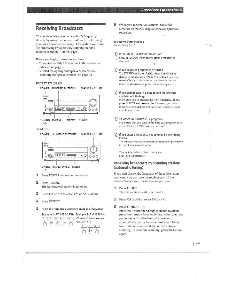 Receiving broadcasts, 4 press direct, Q' to watch fm simulcast tv programs | B b b, 6 6 & b b | Sony STR-DE515 User Manual | Page 11 / 23