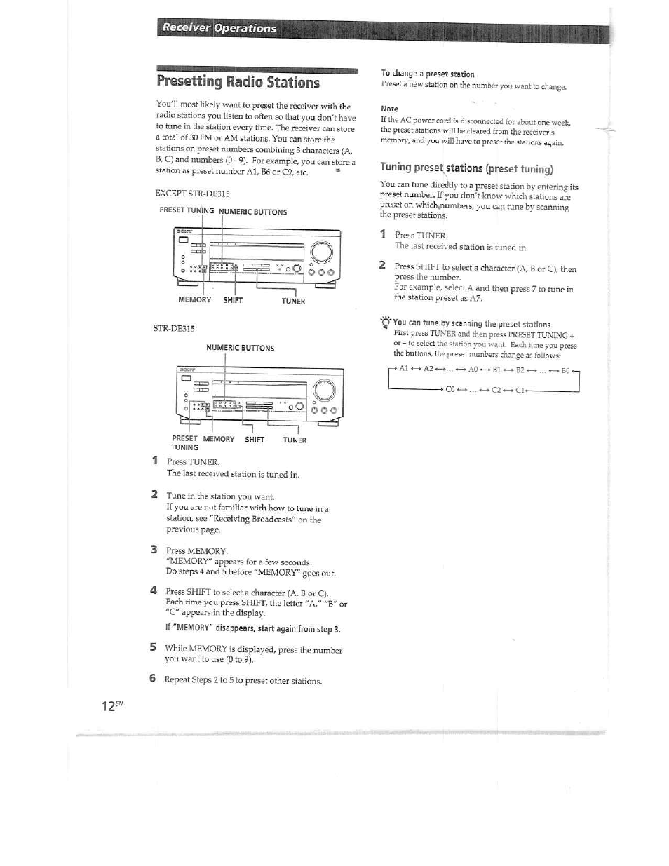Presetting radio stations, Tuning preset stations (preset tuning) | Sony STR-DE515 User Manual | Page 12 / 23
