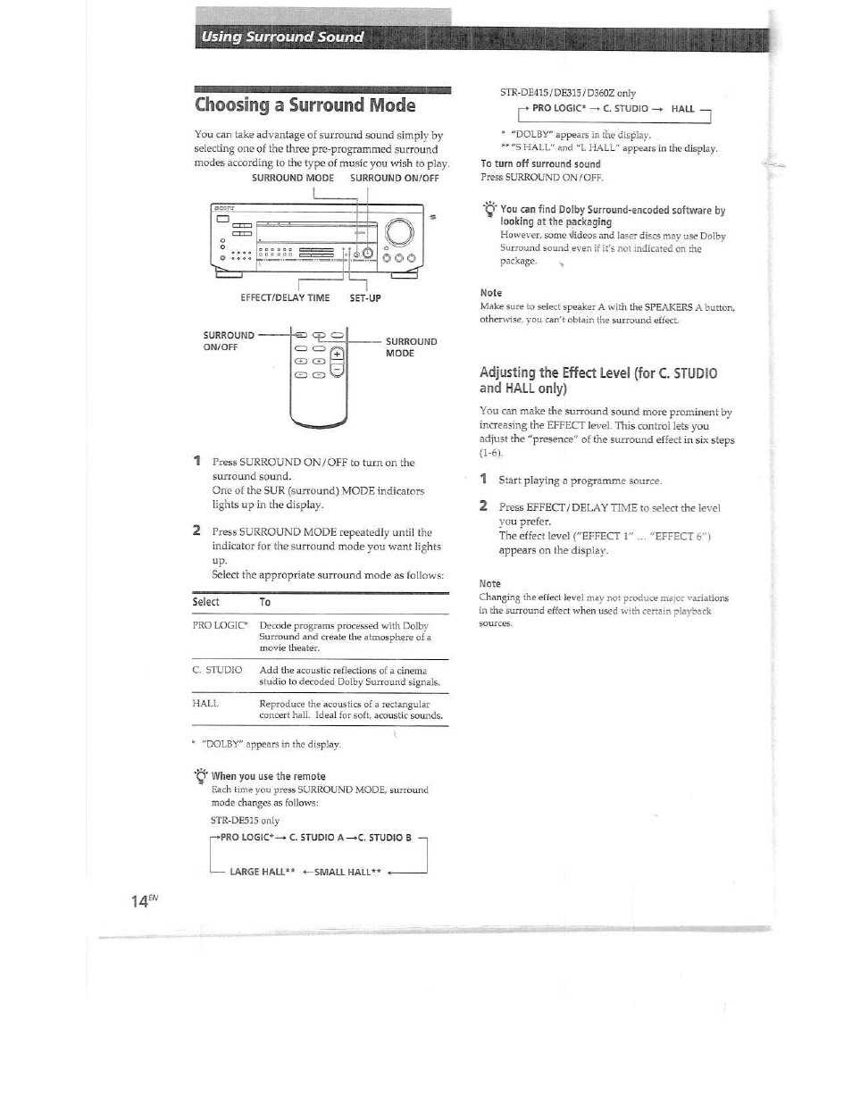 Choosing a surround mode, You can find dolby surround-encoded software by, Using surround sound | Sony STR-DE515 User Manual | Page 14 / 23