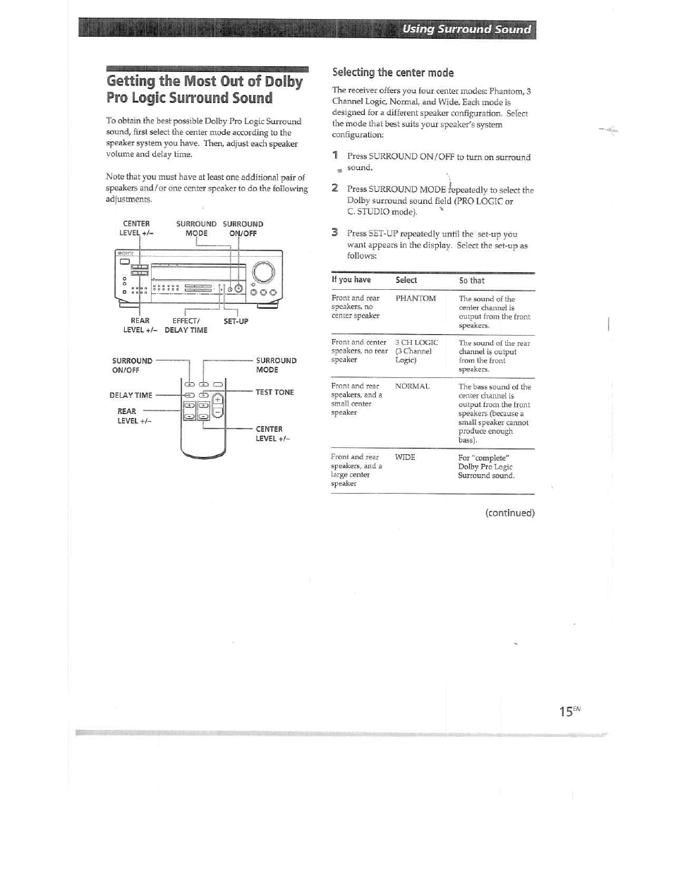 Selecting the center mode, Continued) | Sony STR-DE515 User Manual | Page 15 / 23