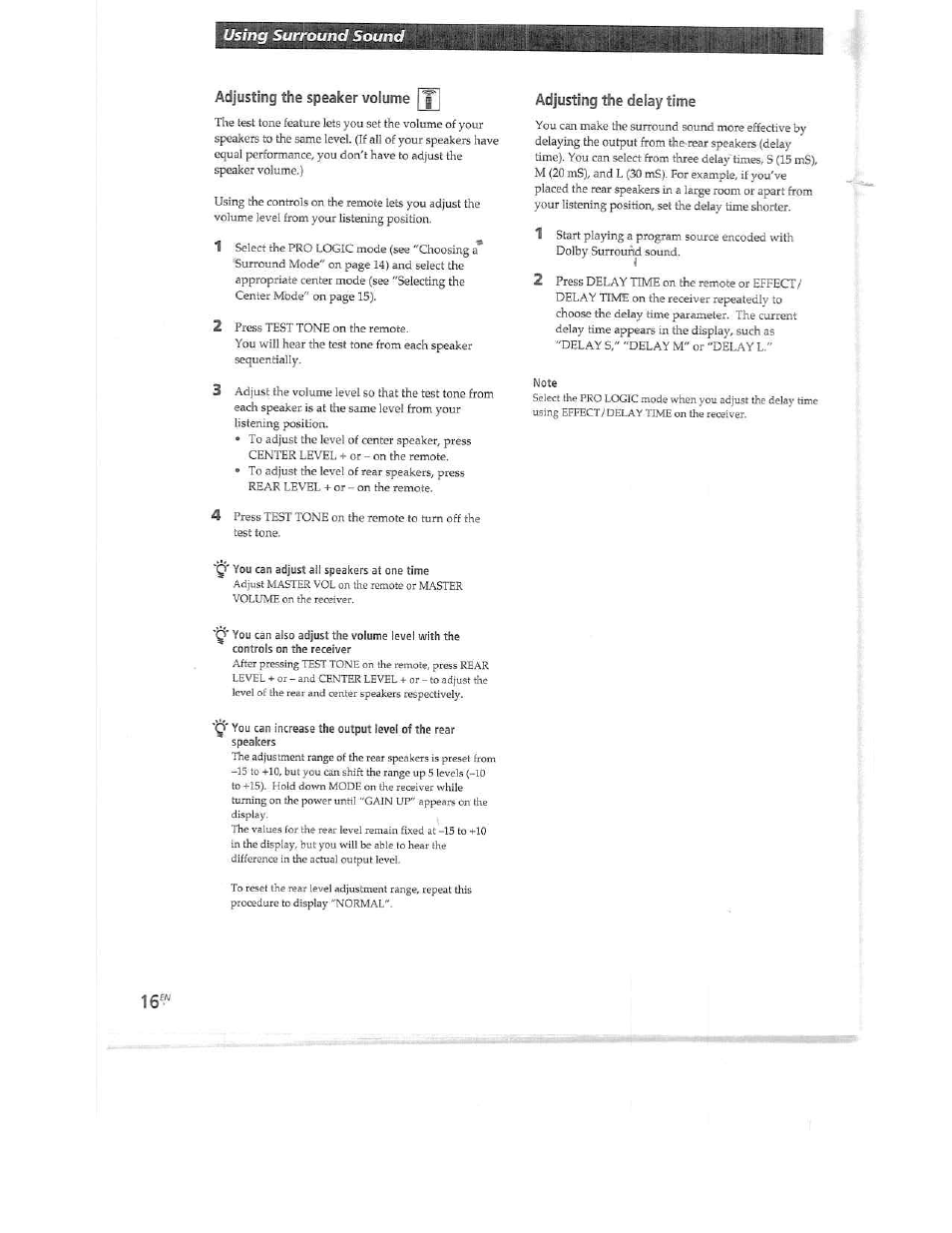 Adjusting the speaker volume, Adjusting the delay time | Sony STR-DE515 User Manual | Page 16 / 23