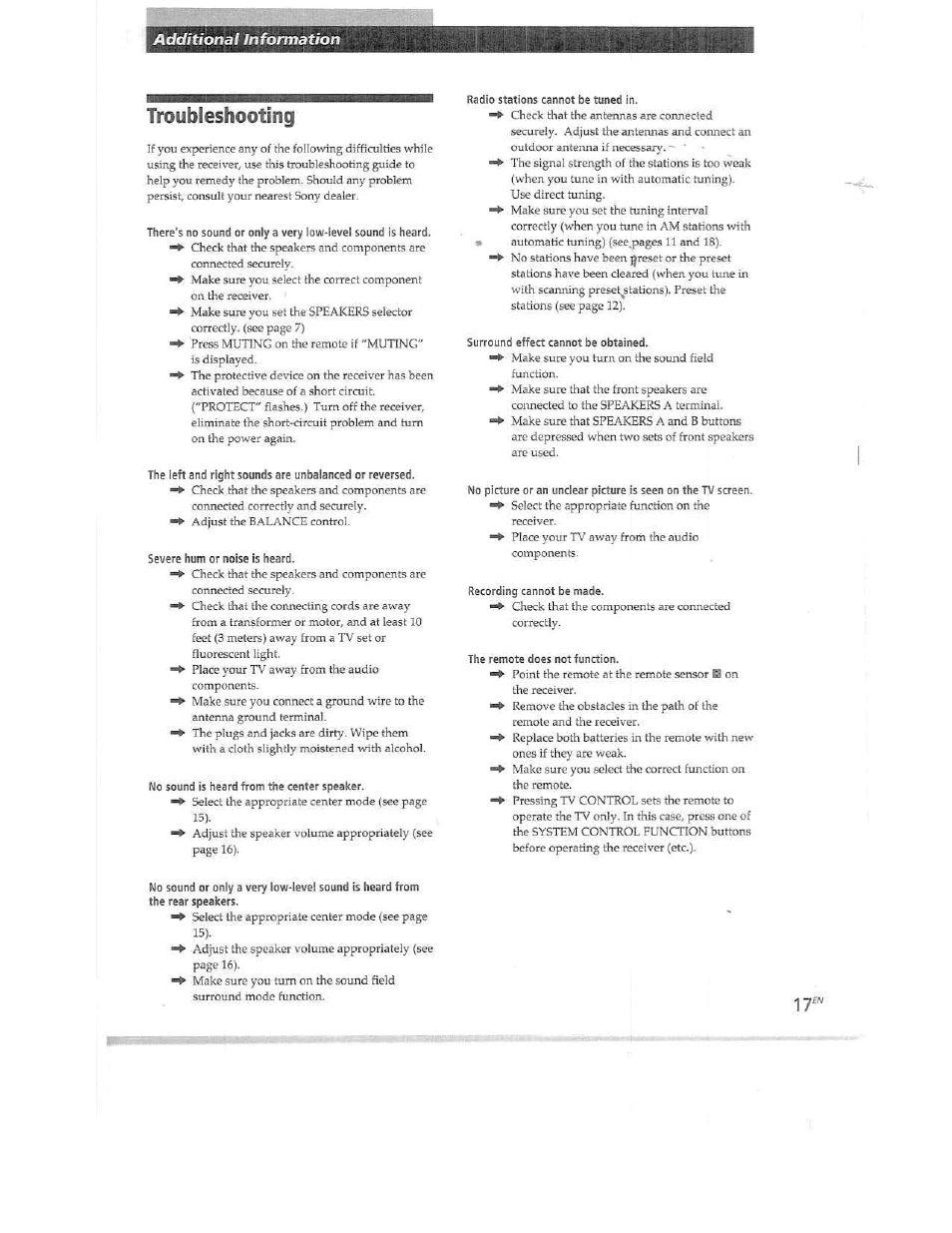 Troubleshooting, 17rw | Sony STR-DE515 User Manual | Page 17 / 23