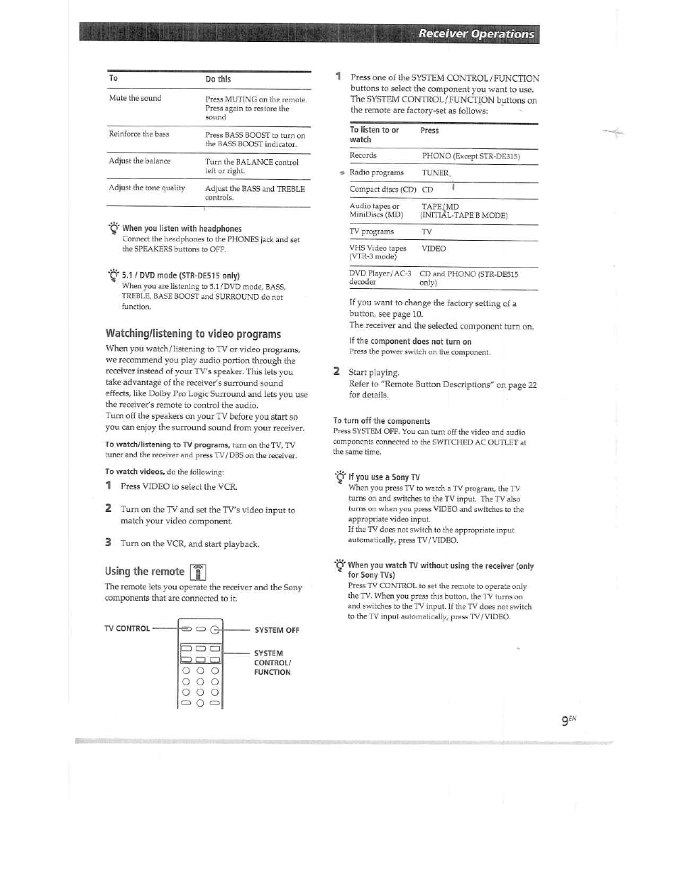 Y' when you listen with headphones, Watching/listening to video programs, Using the remote | Receiver operations | Sony STR-DE515 User Manual | Page 9 / 23