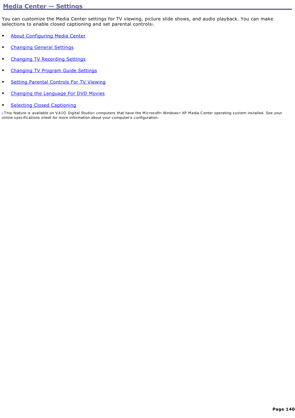 Media center — settings, Media center — settings | Sony PCV-RZ50C User Manual | Page 140 / 245