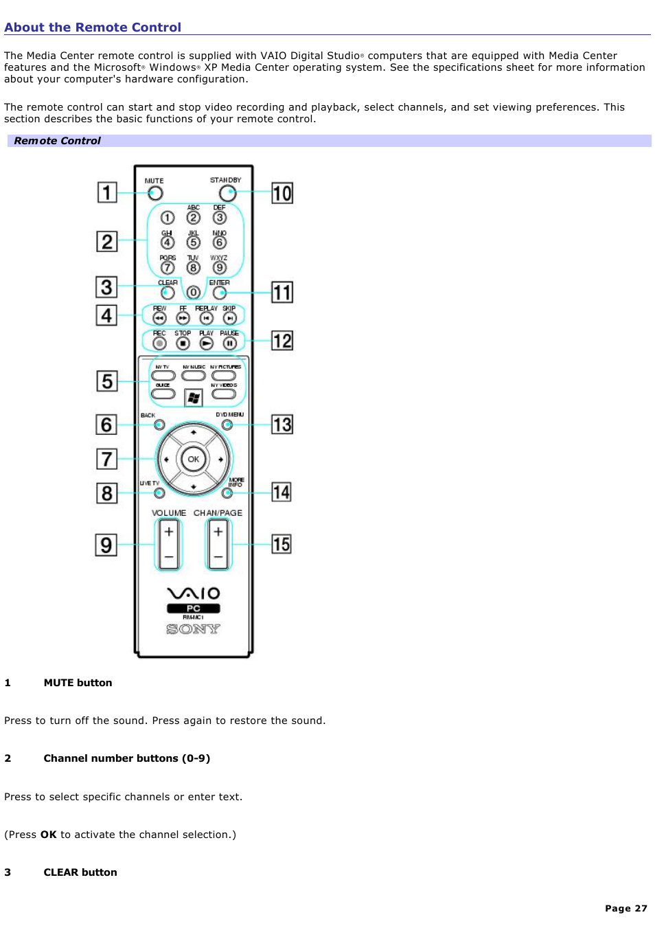 About the remote control | Sony PCV-RZ50C User Manual | Page 27 / 245