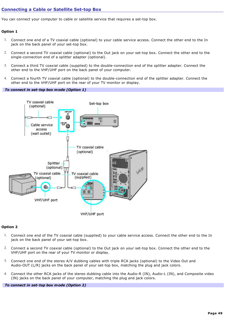 Connecting a cable or satellite set-top box | Sony PCV-RZ50C User Manual | Page 49 / 245