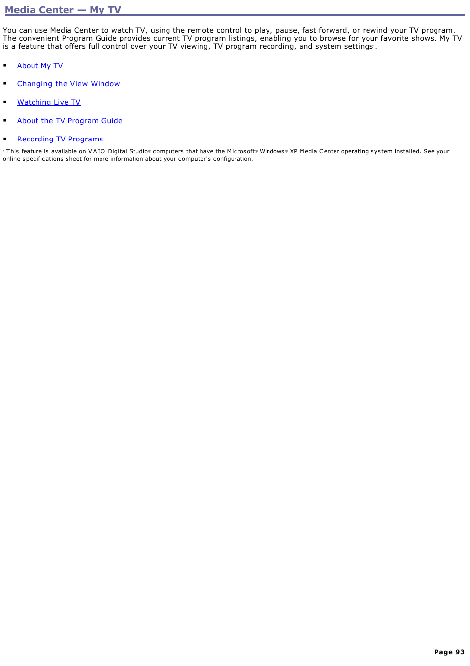 Media center — my tv, Media center — my tv | Sony PCV-RZ50C User Manual | Page 93 / 245