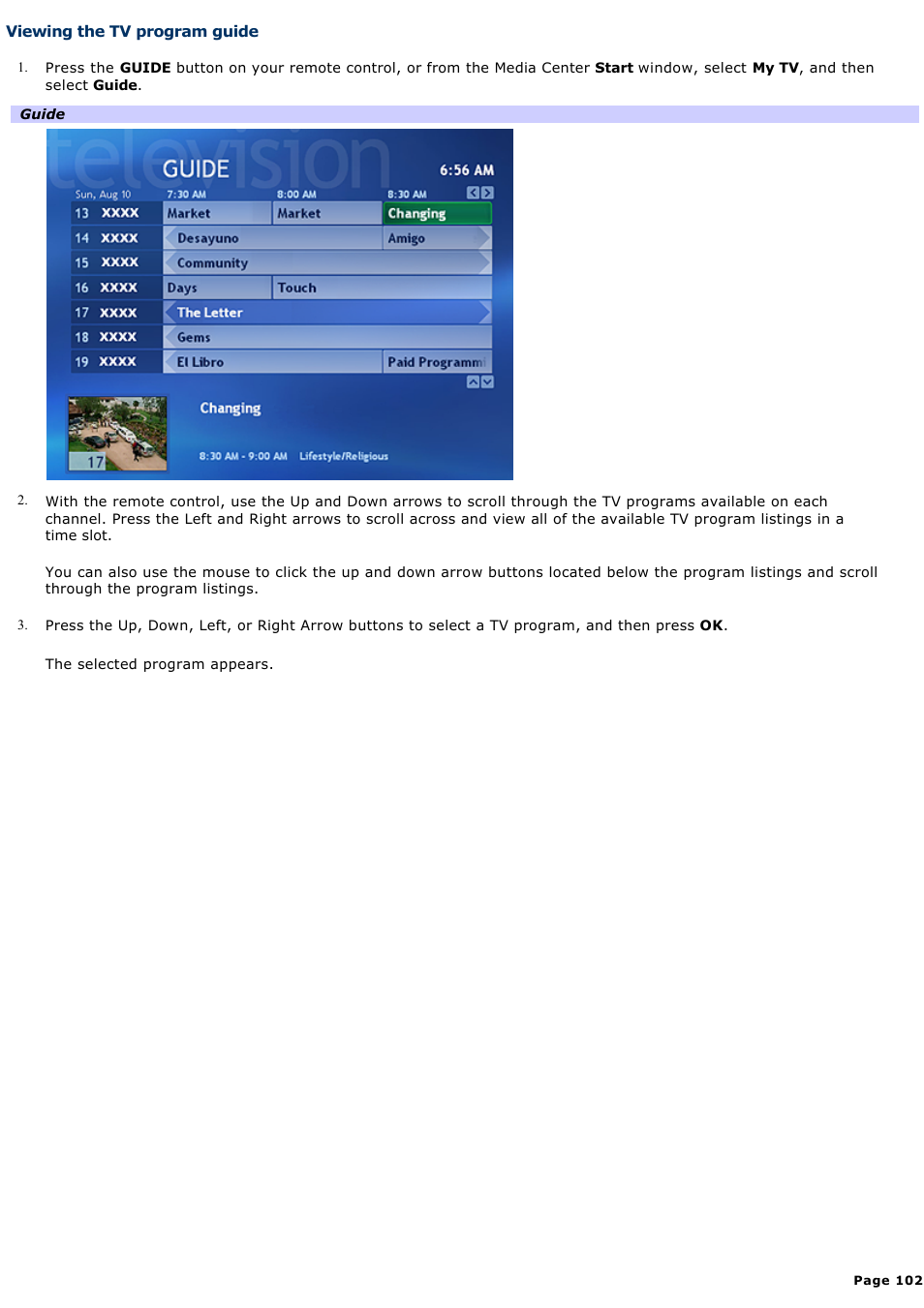 Viewing the tv program guide | Sony PCV-RZ50N User Manual | Page 102 / 245