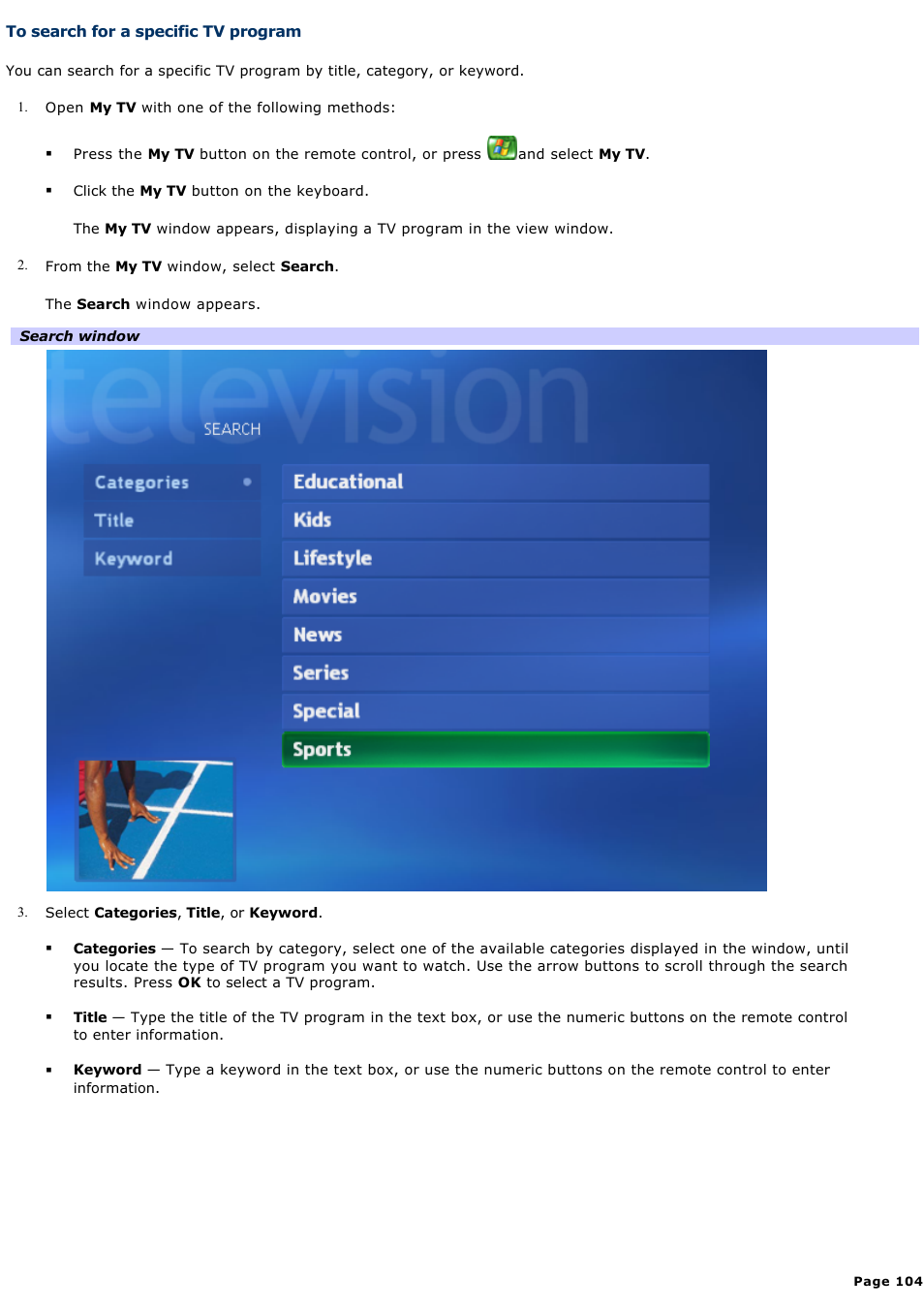 To search for a specific tv program | Sony PCV-RZ50N User Manual | Page 104 / 245