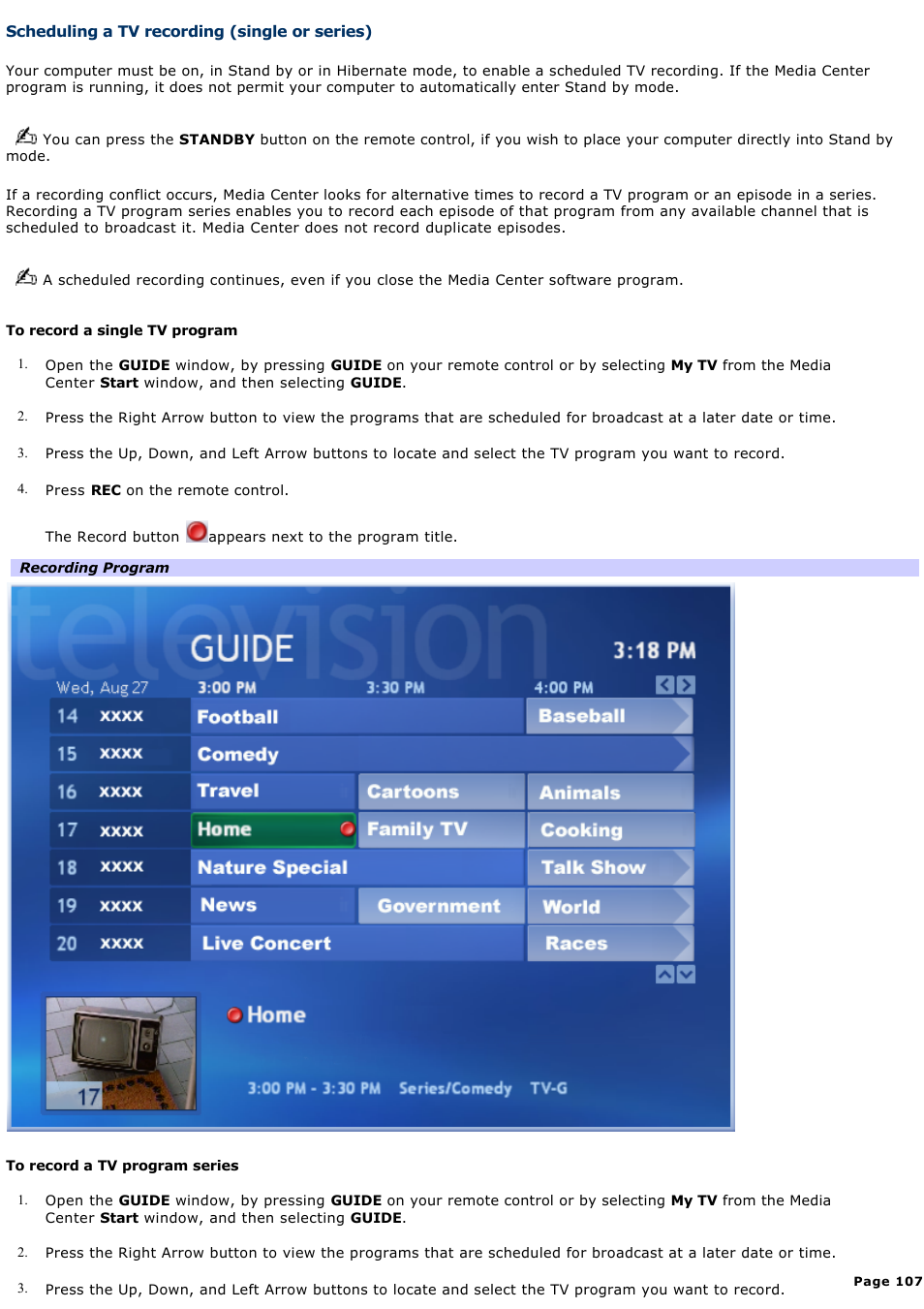 Scheduling a tv recording (single or series) | Sony PCV-RZ50N User Manual | Page 107 / 245