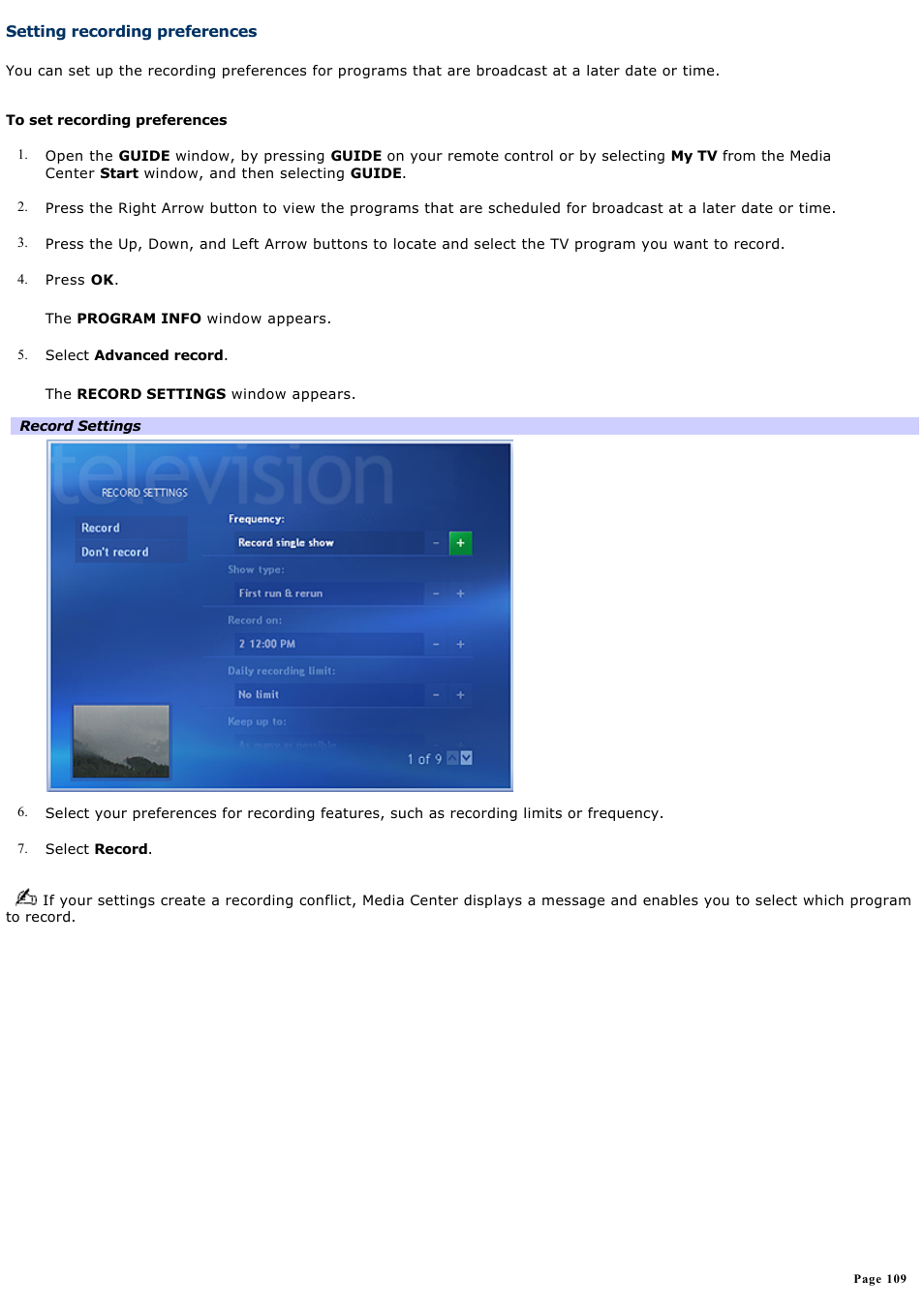 Setting recording preferences | Sony PCV-RZ50N User Manual | Page 109 / 245