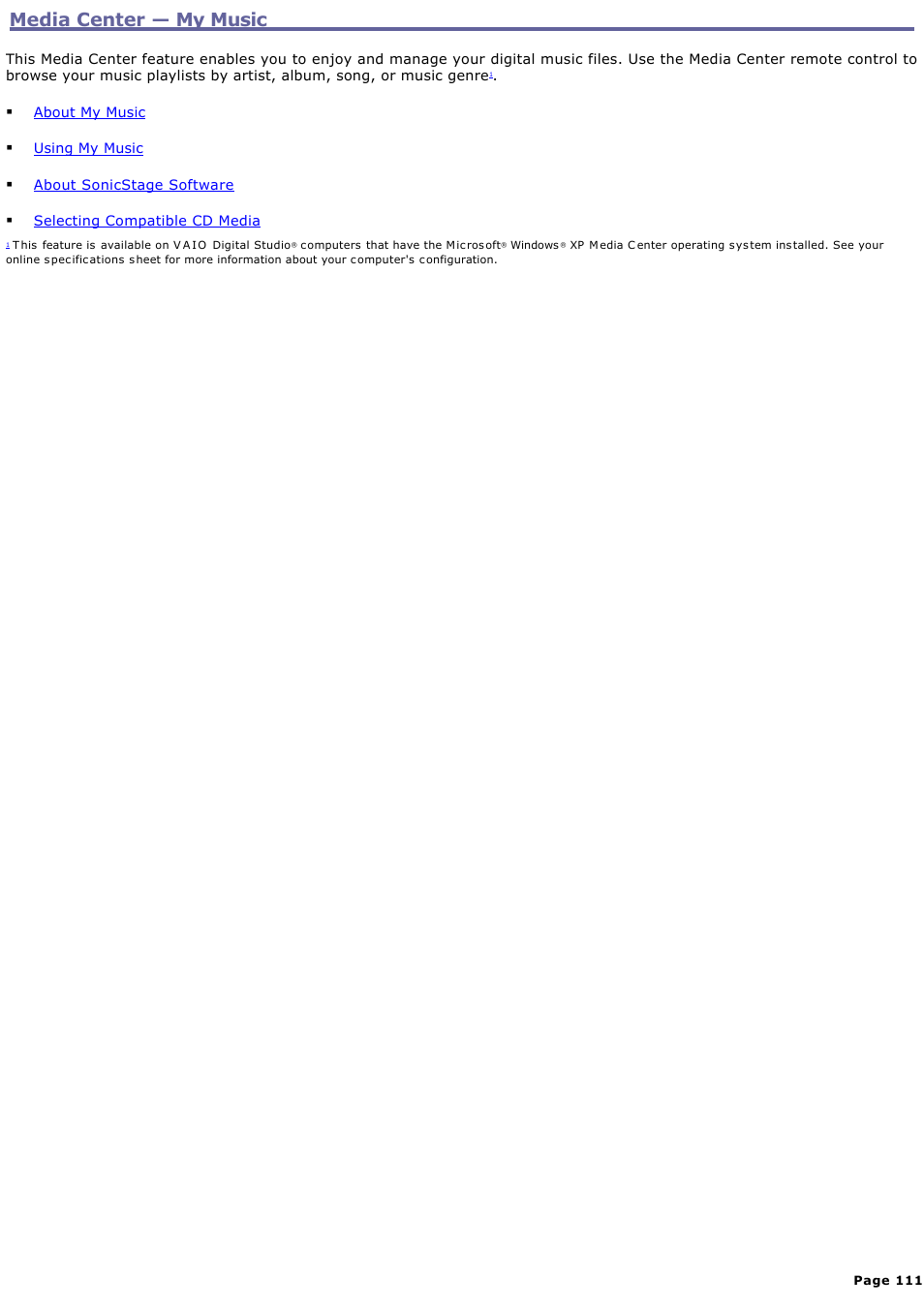 Media center — my music, Media center — my music | Sony PCV-RZ50N User Manual | Page 111 / 245