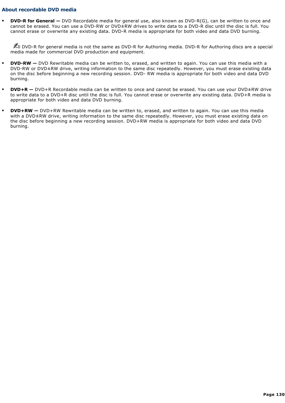About recordable dvd media | Sony PCV-RZ50N User Manual | Page 130 / 245