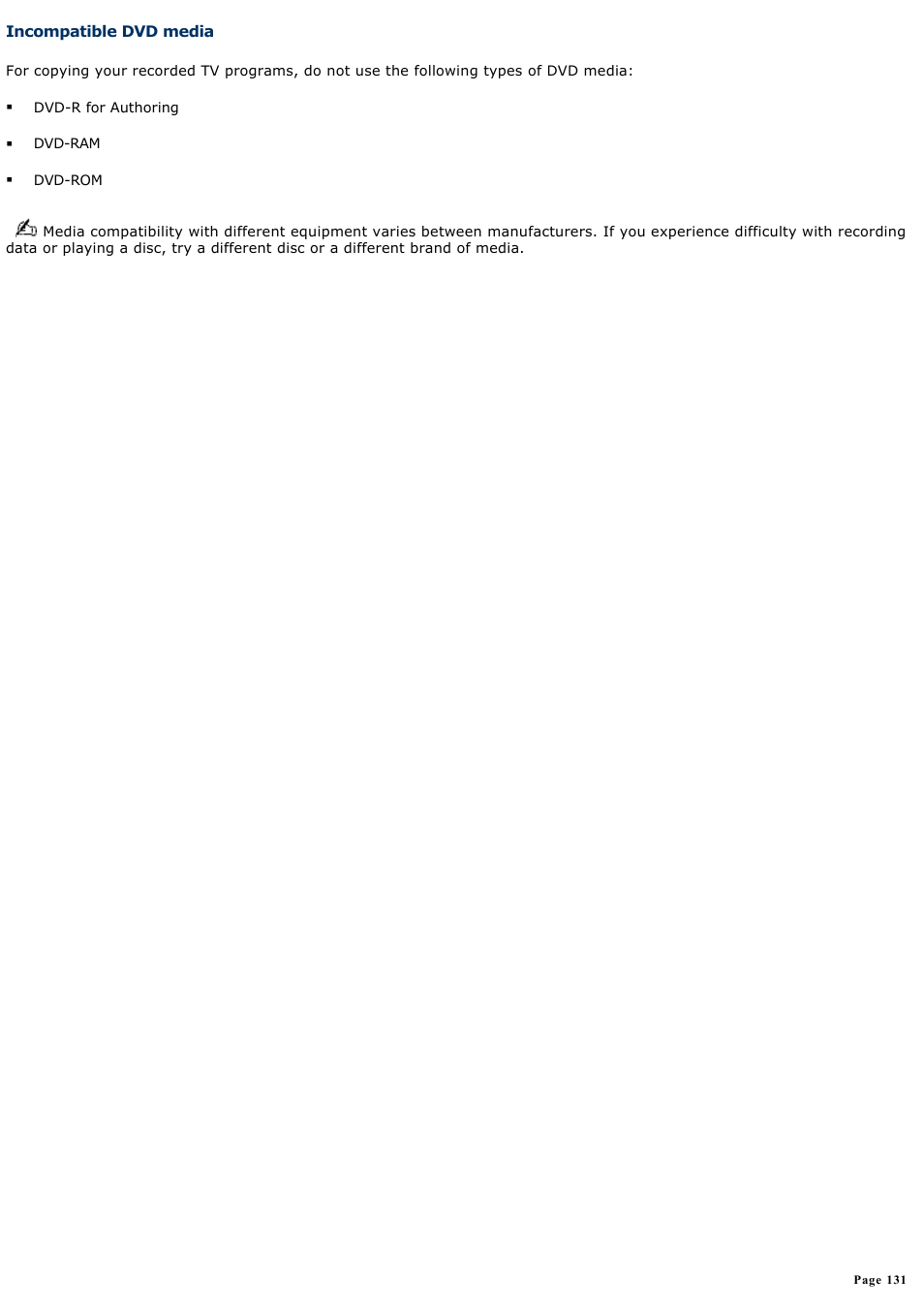 Incompatible dvd media | Sony PCV-RZ50N User Manual | Page 131 / 245
