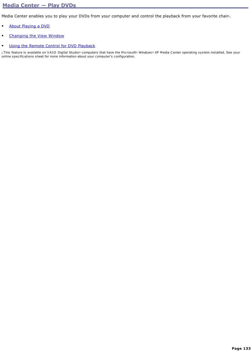 Media center — play dvds, Media center — play dvds | Sony PCV-RZ50N User Manual | Page 133 / 245