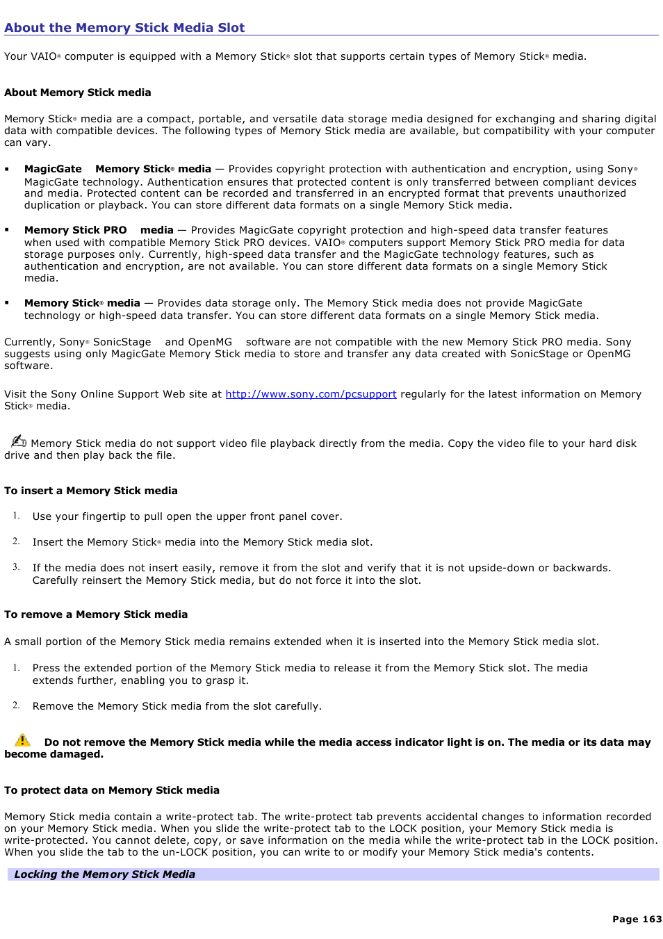 About the memory stick media slot | Sony PCV-RZ50N User Manual | Page 163 / 245
