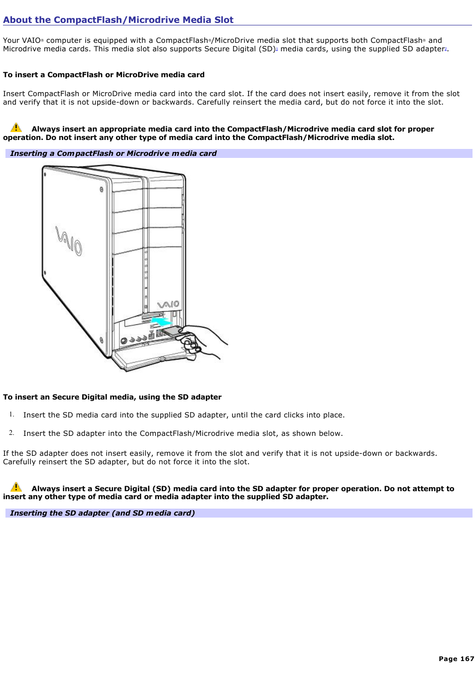 About the compactflash/microdrive media slot | Sony PCV-RZ50N User Manual | Page 167 / 245