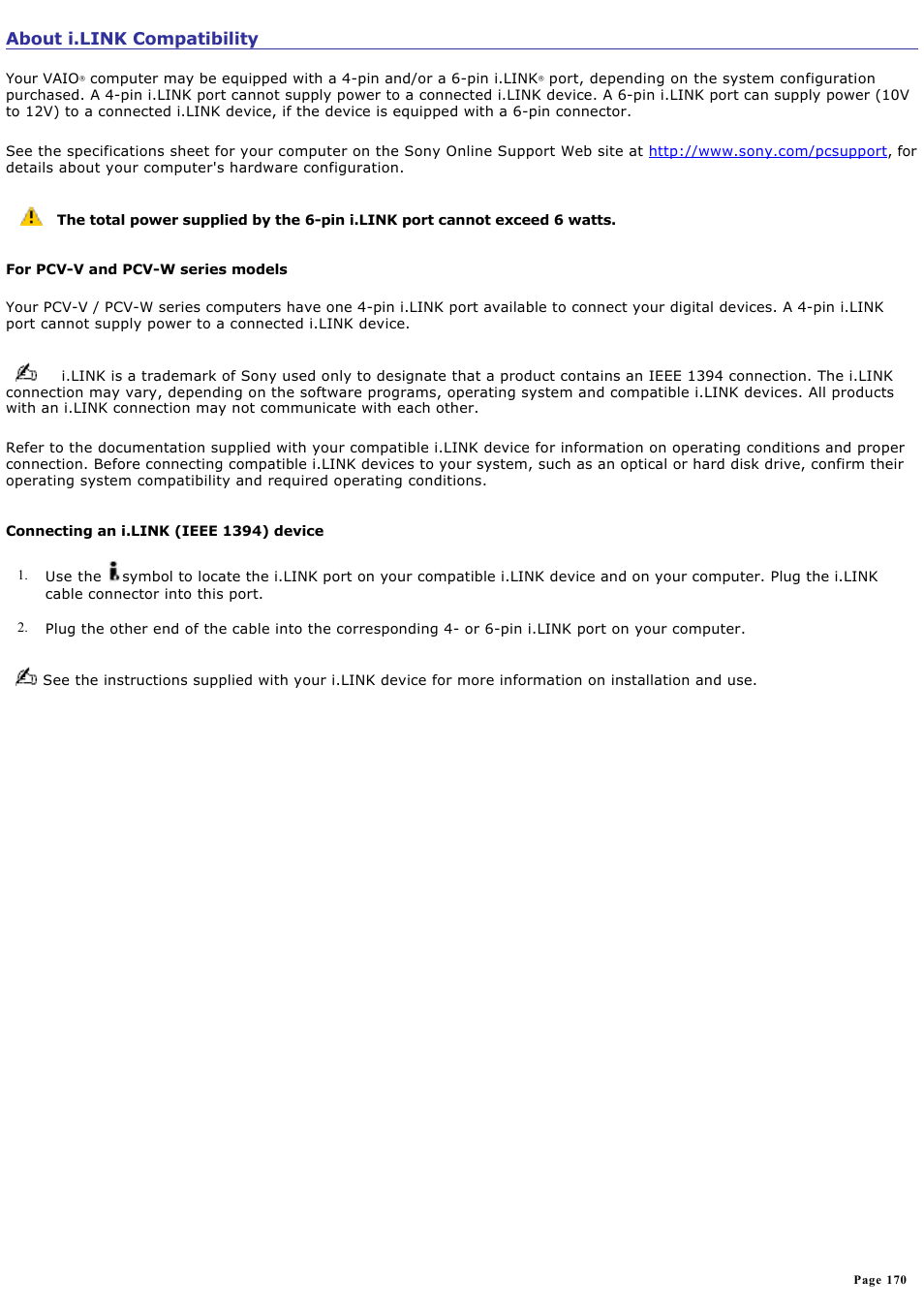 About i.link compatibility | Sony PCV-RZ50N User Manual | Page 170 / 245